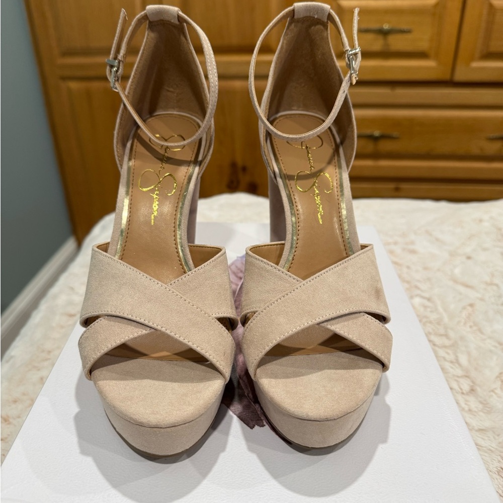 Jessica Simpson Cream Platform Heels with Criss-Cross Straps
